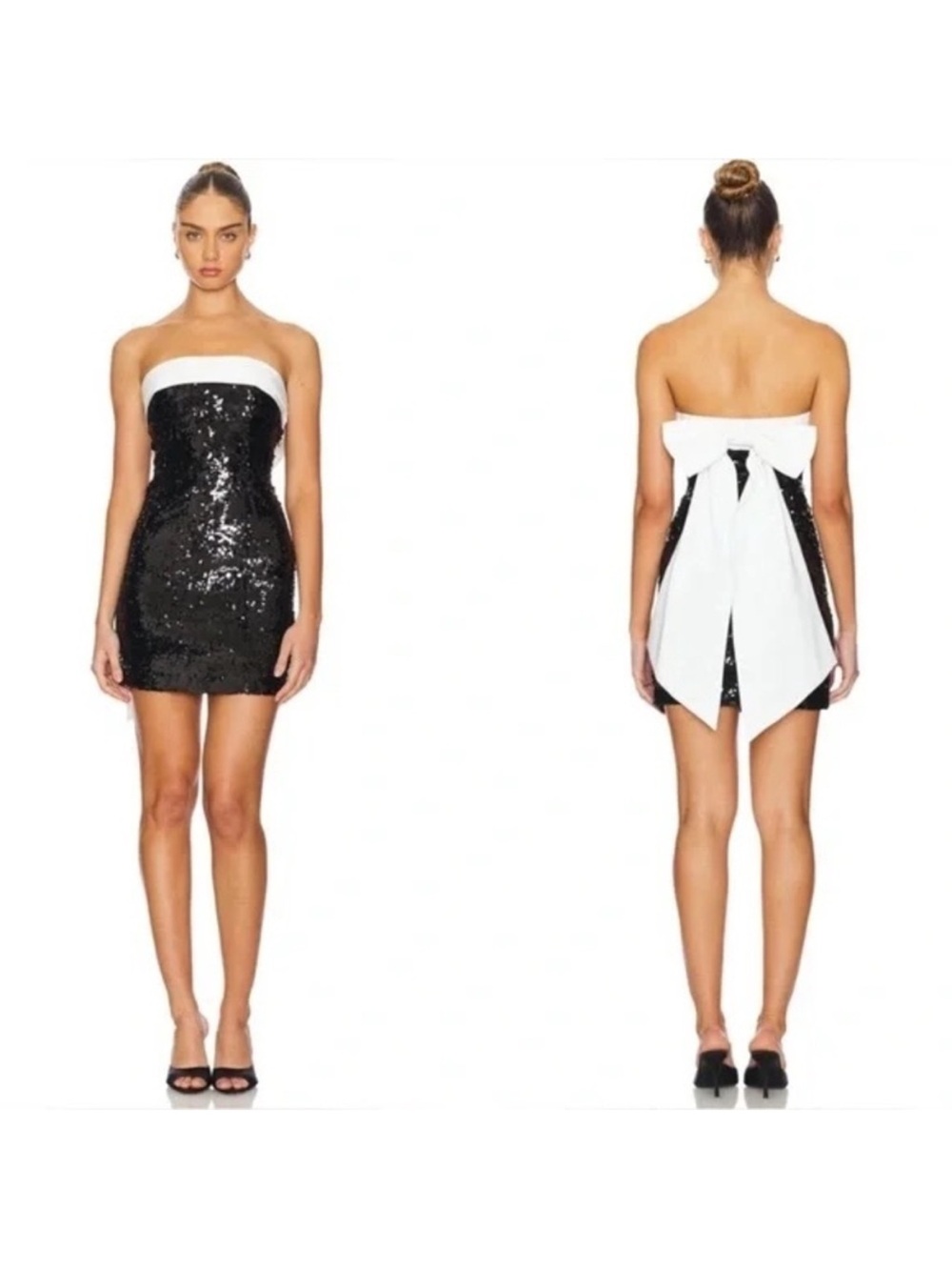 Alice + Olivia Sibella Black Sequin Strapless Mini Dress with White Bow NWT